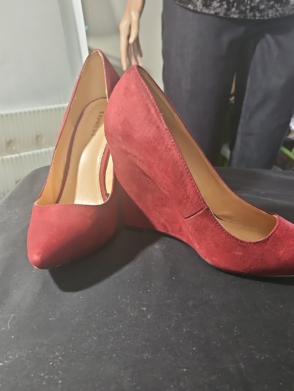 Express Burgundy Suede Pointed-Toe Wedge Pumps